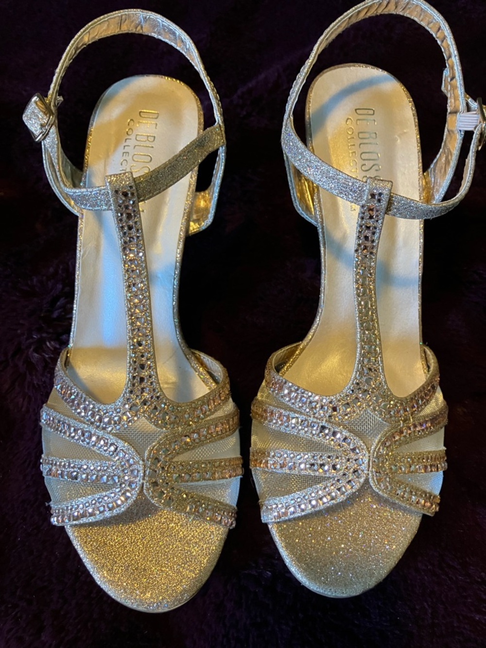 Rose Gold Rhinestone T-Strap Heels De Blossom